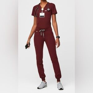 FIGS Women's Burgundy Scrubs Set Zamora Jogger Scrub Pants & Catarina Scrub Top